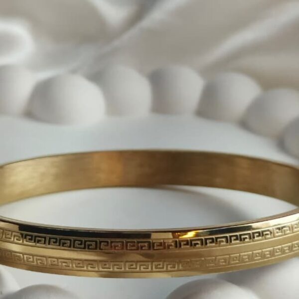 Men’s Gold-Plated Greek Key Bangle Bracelet – Classic Engraved Cuff for Bold Style - Image 2